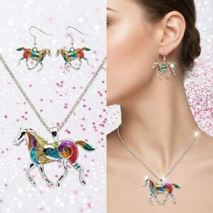 Silver plated multicolor horse/unicorn necklace earrings set